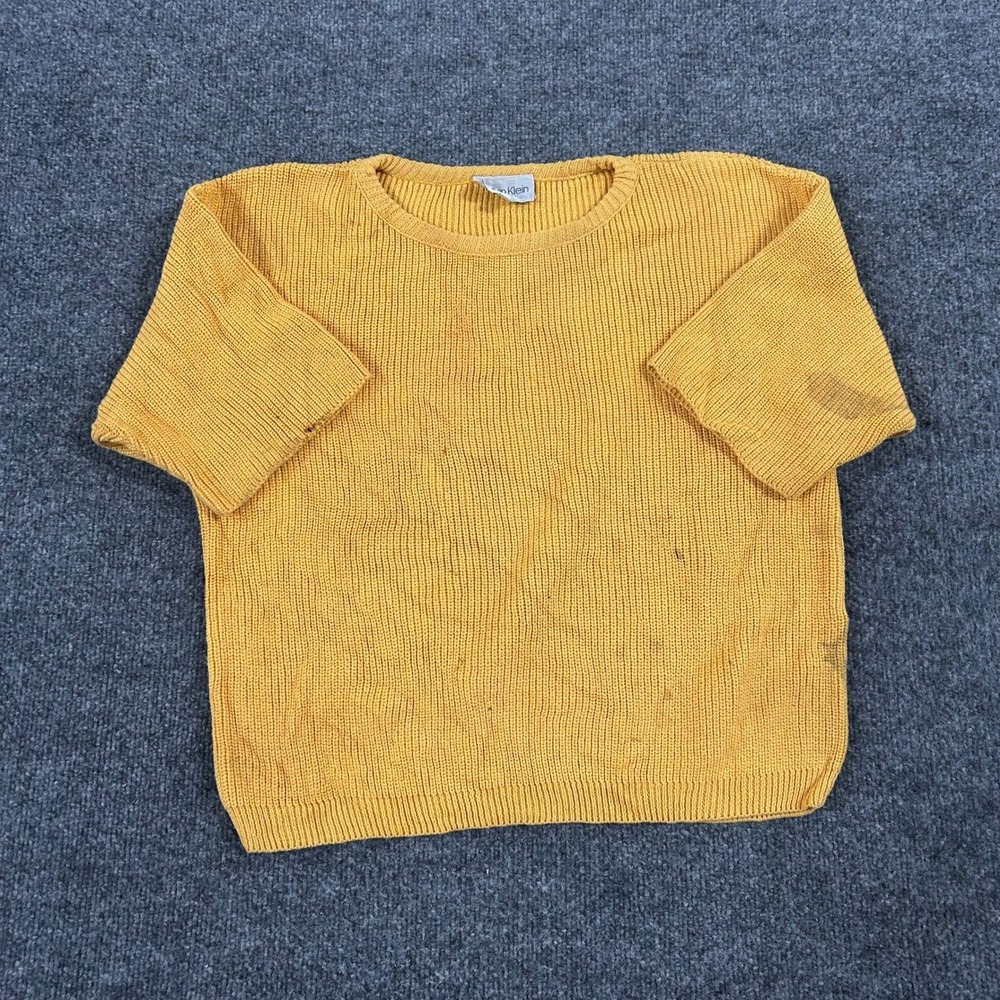 Calvin Klein Sweater Womens Size M Yellow Cotton Short Sleeve Knit USA Stains